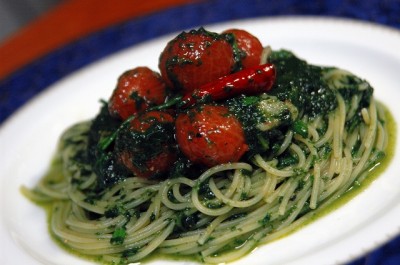 トマトのみりん漬けと法蓮草のスパゲティ